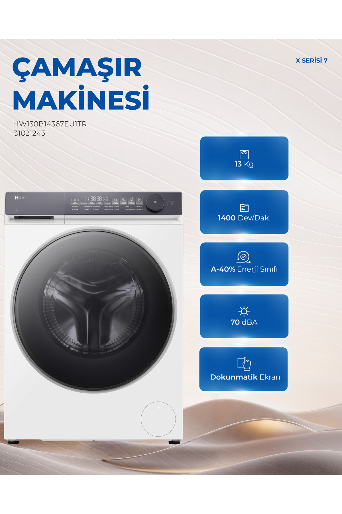 Haier HW130B14367EU1TR 13 kg Wi-Fi Bağlantılı 1400 Devir Çamaşır Makinesi