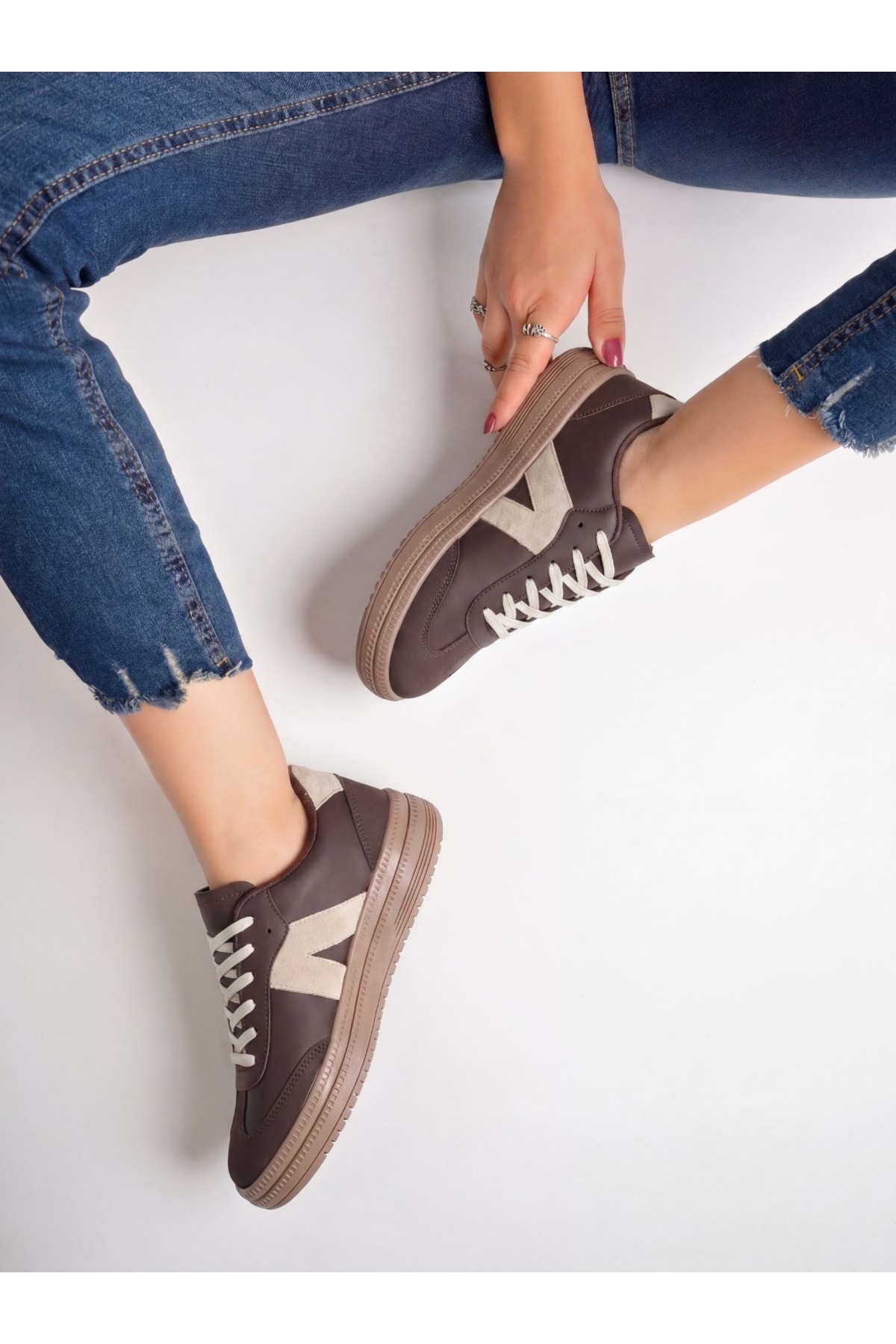 E SPORT Kadın Sneaker Yüksek Taban Ortopedik Bağcıklı Spor Ayakkabı Retro Kahve-011 görsel 3