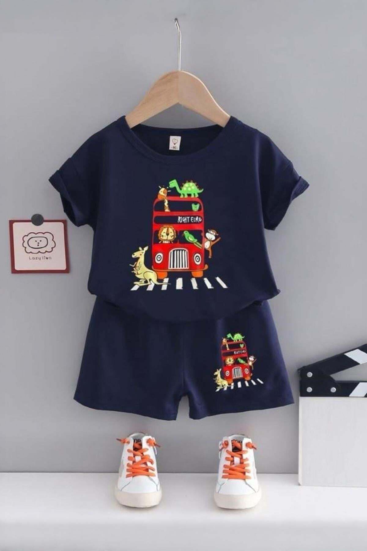 Bubito Cotton Animals Ally Bus Detailed Summer Baby Shorts Set-Navy Blue