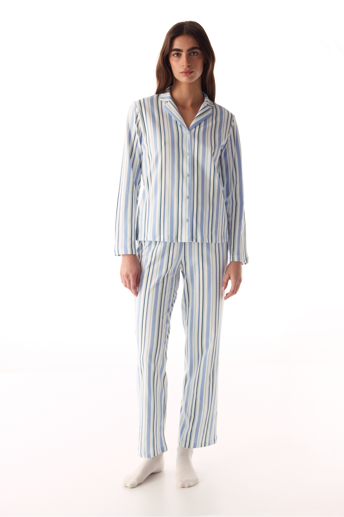 Penti Light Gray Cool Stripes Cotton Shirt and Pants Pajama Set