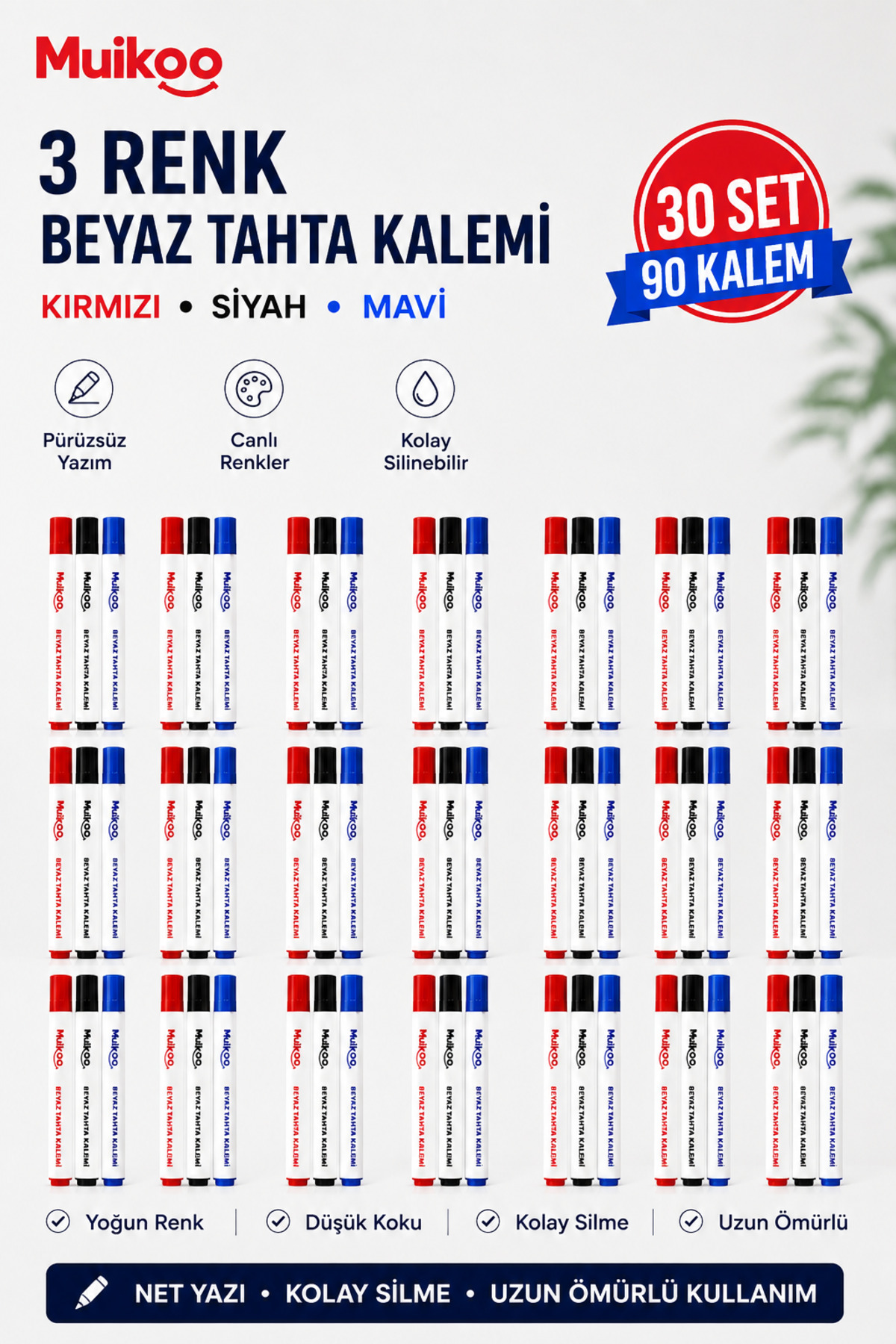 muikoo 30 Paket 3'lü Beyaz Tahta Kalemi Seti - Kırmızı, Mavi, Siyah