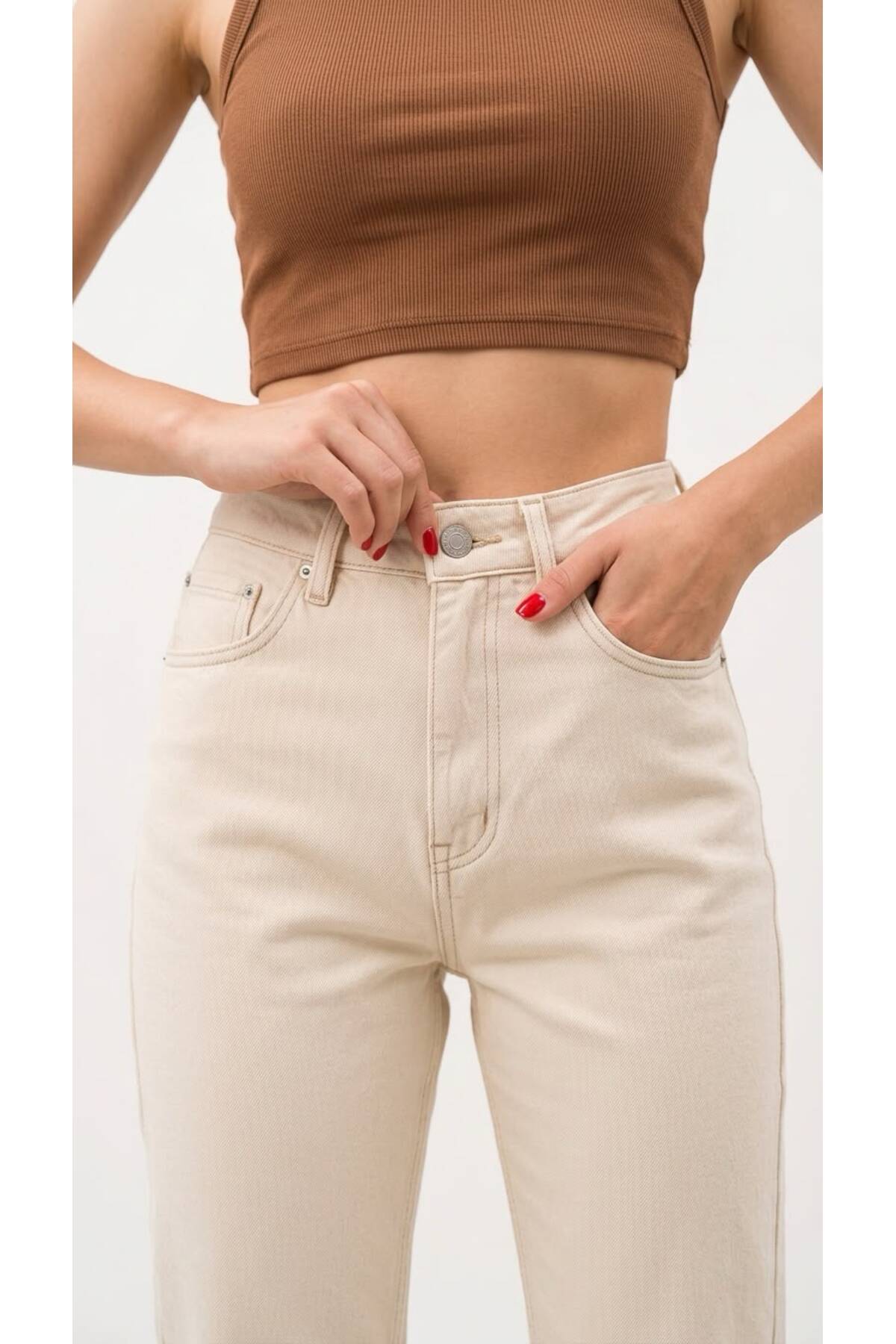 comfort jeans Milano Bej Yüksek Bel Yumuşak Dokunuşlu Likralı Rahat Kesim Mom Jean Kot Pantolon görsel 4
