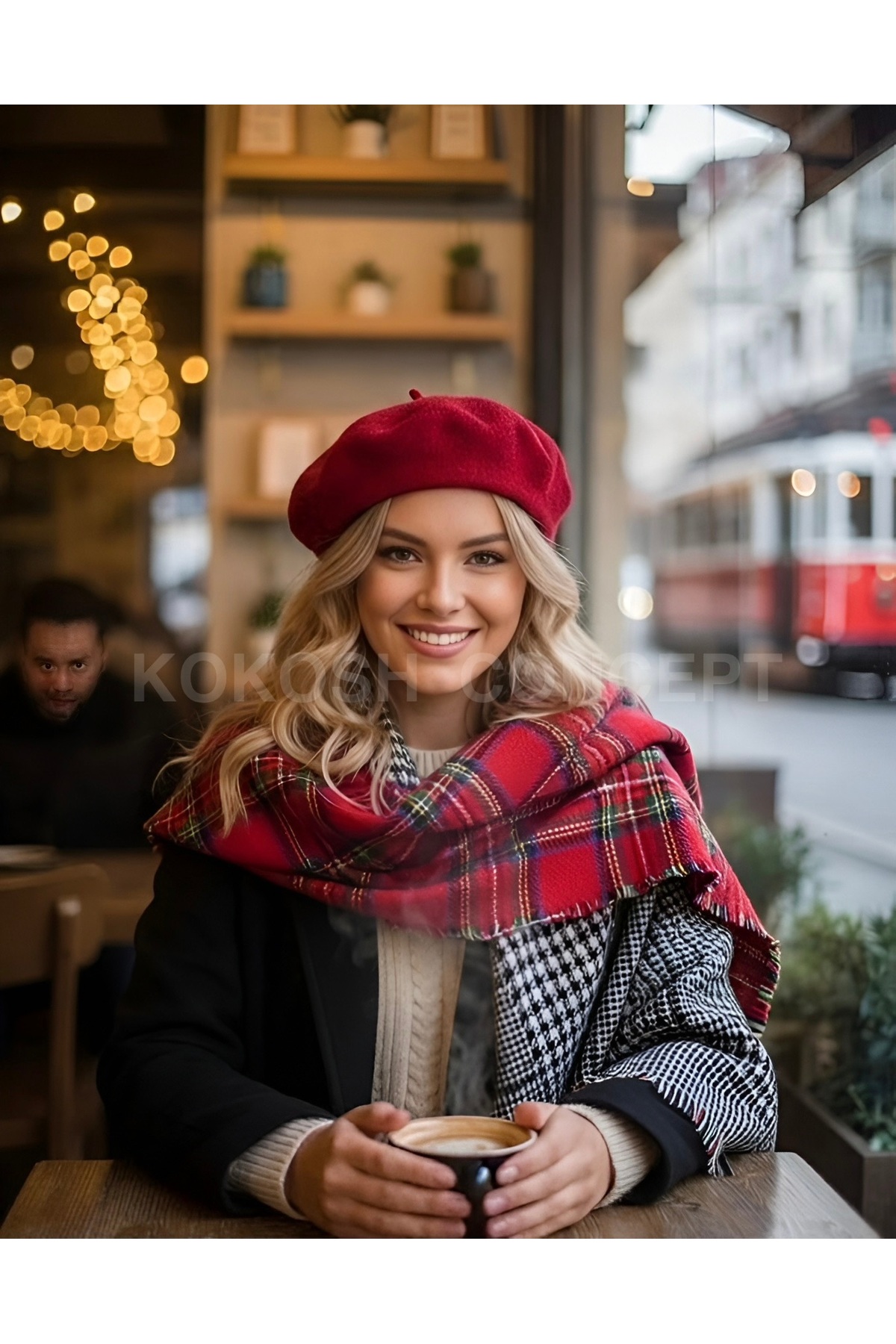 la_hatun Ekose Luxury Çift Taraflı Omuz Şalı İle Fransız Ressam Şapka Takımı görsel 5