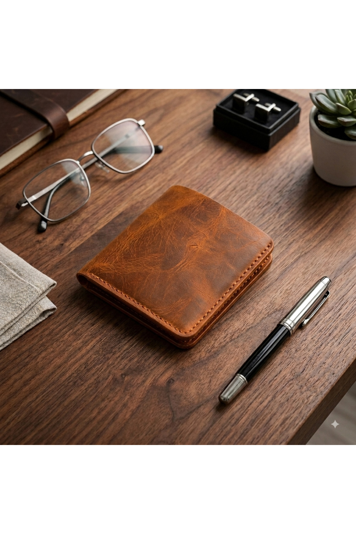 ParlaLeather Elegand Kişiye Özel Hakiki Gerçek Deri Minimal Erkek Cüzdan Taba Renk görsel 2