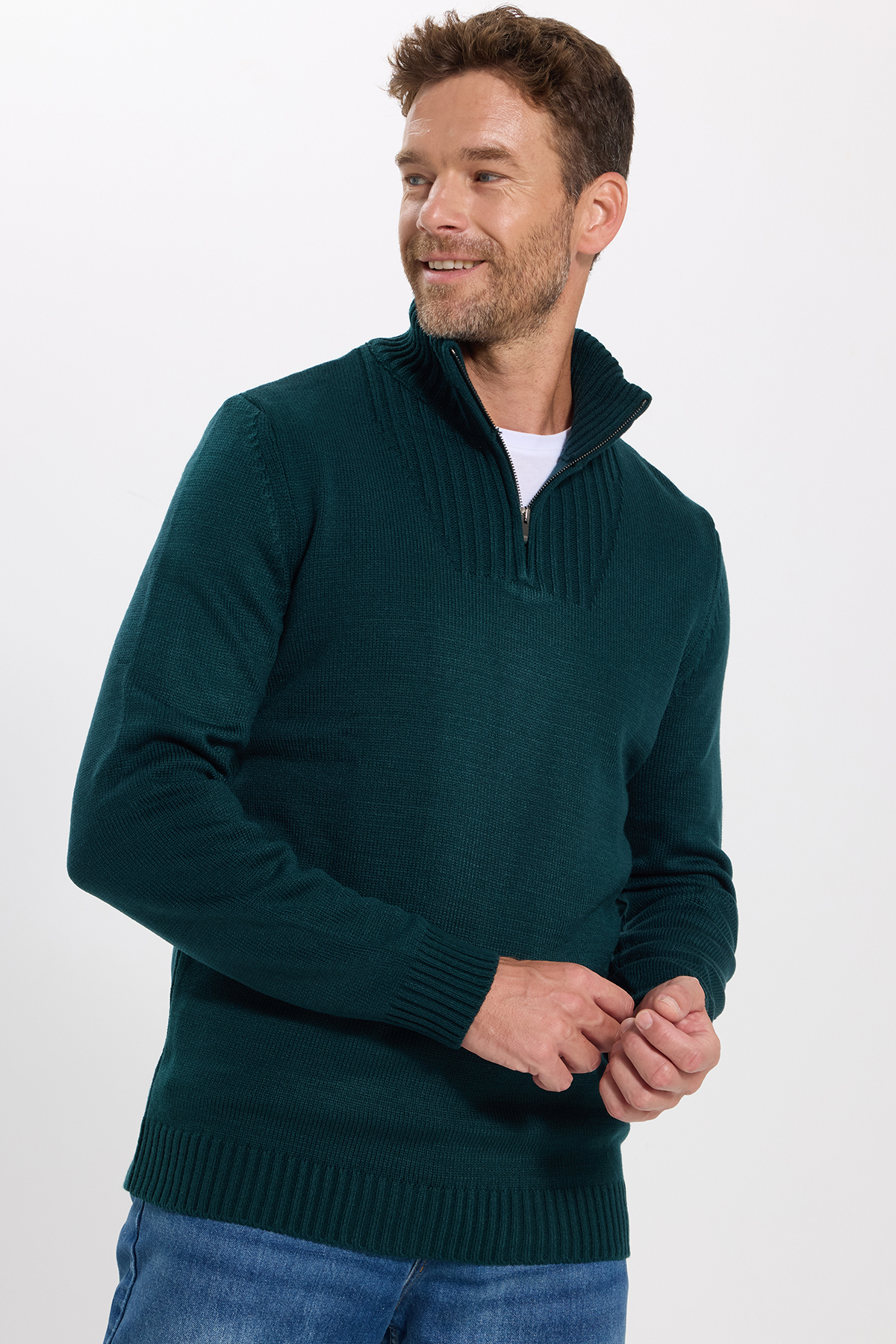 Erkek Slim Fit Dar Kesim Armürlü Fermuarlı Yeşil Dik Yaka Triko Kazak — سبز KZ230014-02 — تصویر 6 از 9