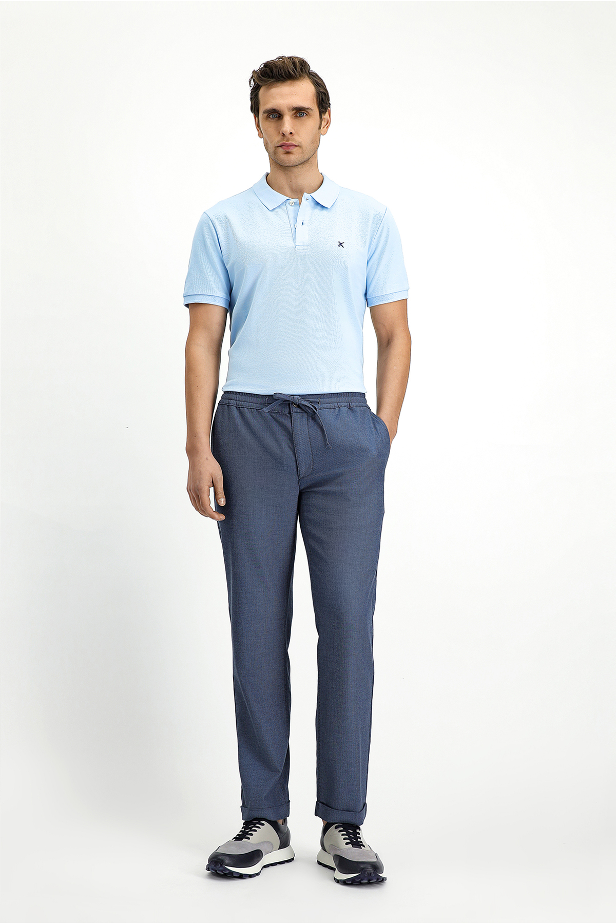 Slim Fit Dar Kesim Desenli Beli Lastikli İpli Likralı Jogger Pantolon — آبی KY2537D0DZ005 — تصویر 3 از 7