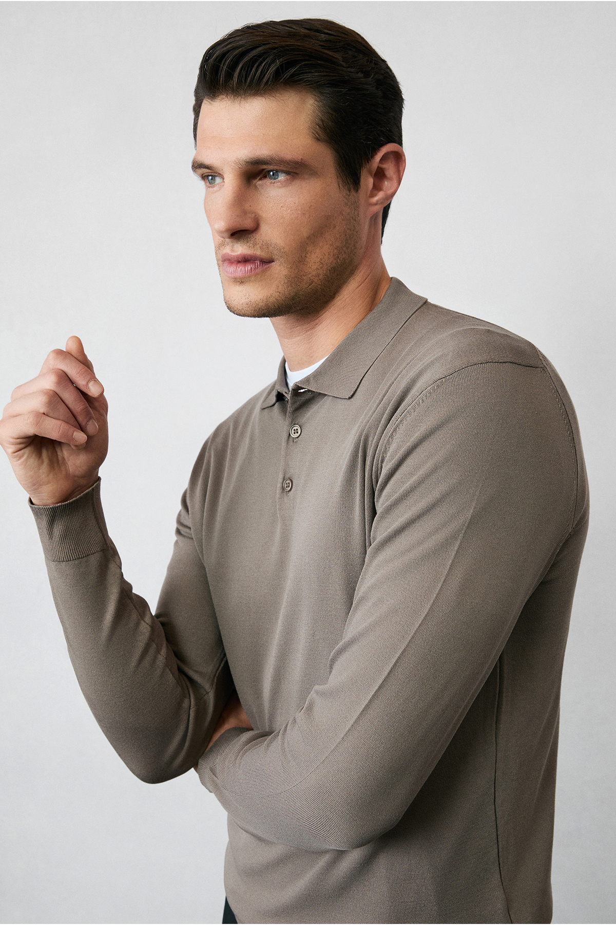 Regular Fit Düğmeli Polo Yaka Triko Kazak — قهوه‌ای KKBSD178DZ001 — تصویر 3 از 7