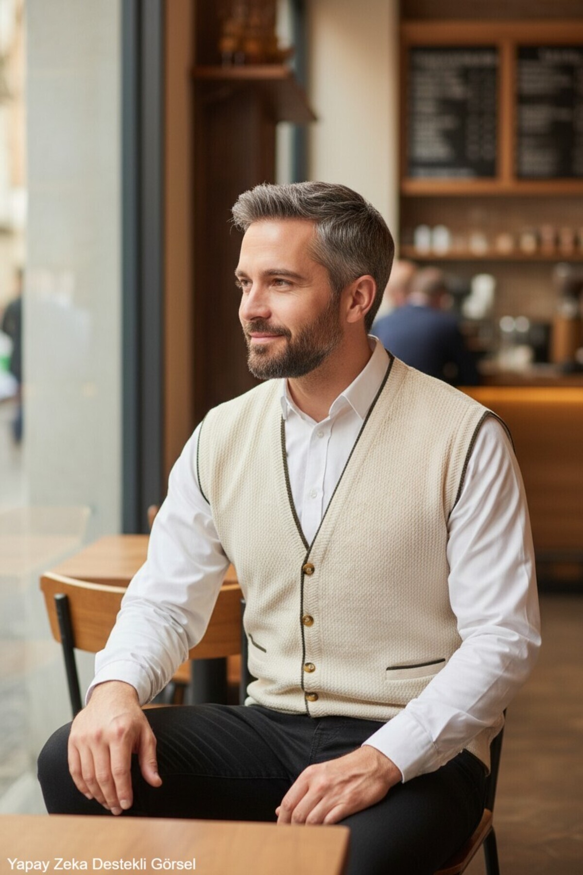 Kamalı Erkek Krem V Yaka Triko Düğmeli Cepli Çizgi Desenli Regular Fit Tüylenmeyen Örgü Yelek görsel 7