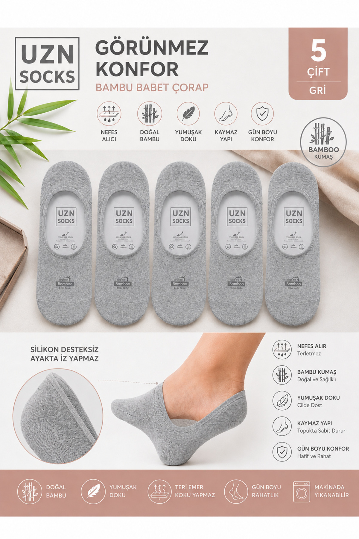 UZN SOCKS 5’Lİ Gri Dikişsiz Silikonlu Kaymaz Babet Çorap