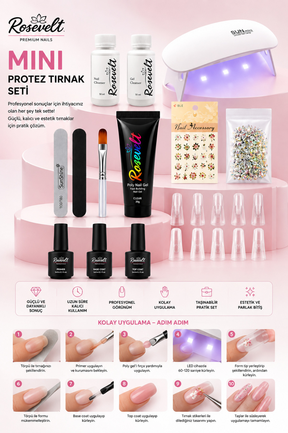 Rosevelt Protez Tırnak Seti Poly Gel Seti Mini Eğitim CD'li Nude