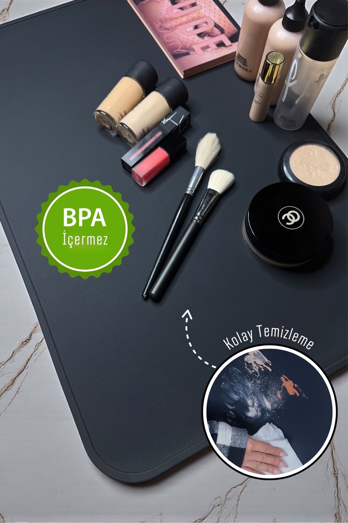KitMat Makyaj Masası Matı | Isıya Dayanıklı Toz Tutmayan Saç Tasarım ve Makyaj Matı | Silikon Mat — makeupkitmat — تصویر 2 از 6