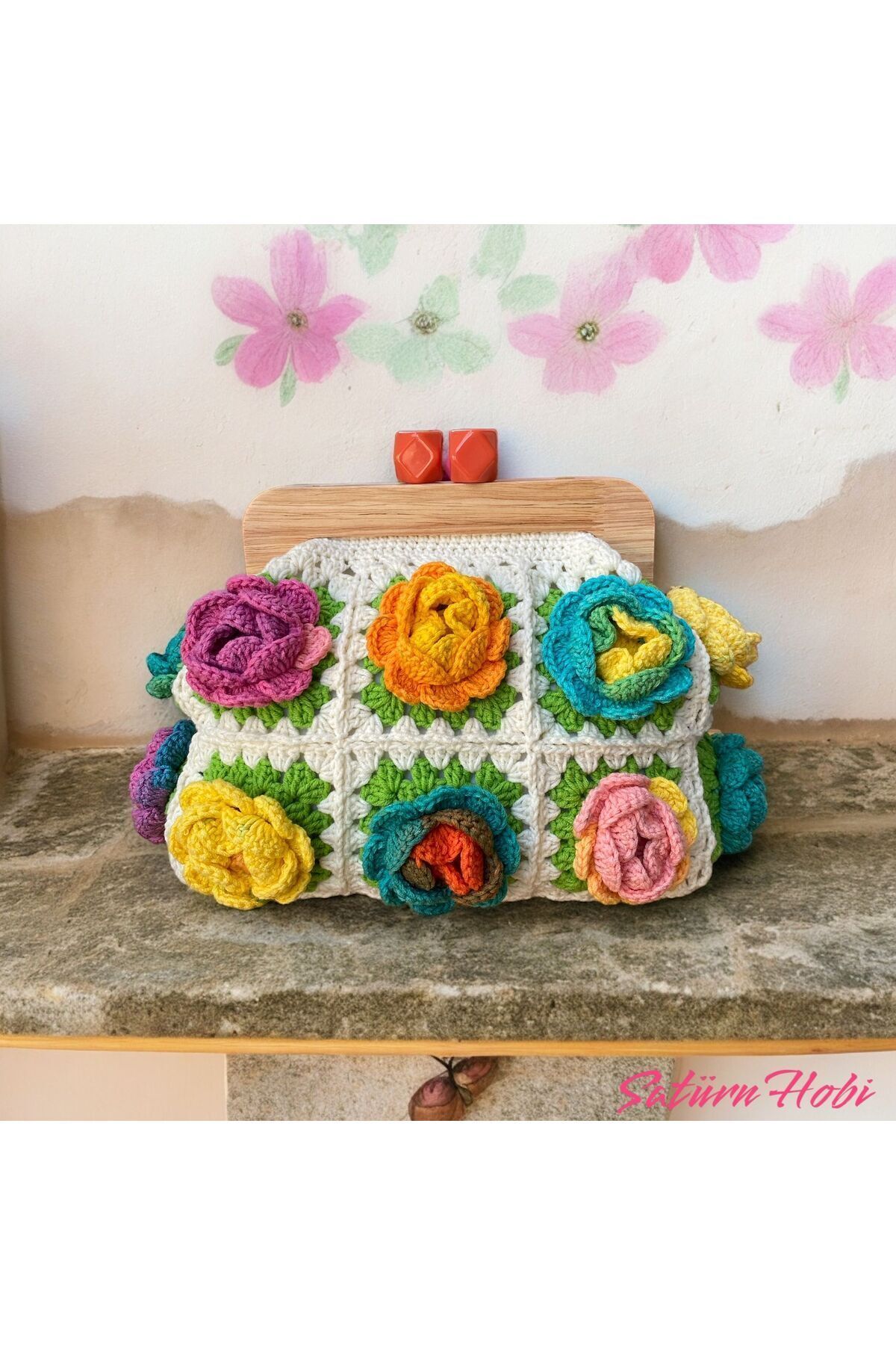 Satürn Hobi Örgü Ahşap Burslu Gül Motifli Clutch Çanta görsel 6