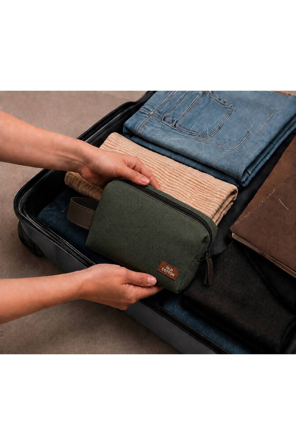 OLD COTTON BAGS Yeşil Kanvas Unisex El Çantası Fermuarlı Günlük Organizer Çanta 22x14x8 cm görsel 6
