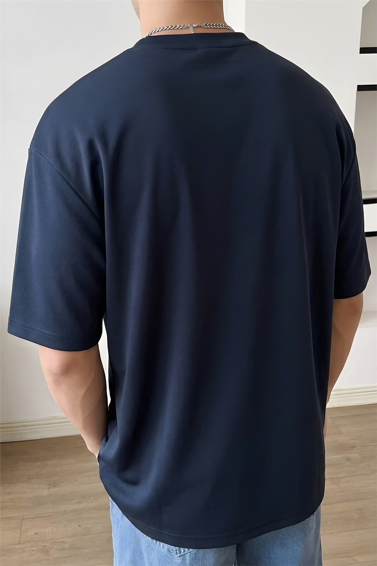 Teenage Millionaire Erkek Lacivert Bisiklet Yaka Düz Basic Baskısız Oversize Salas T-Shirt görsel 3