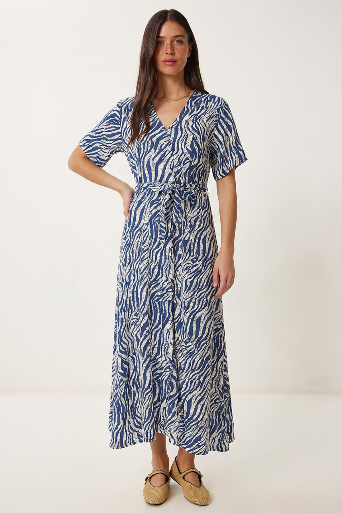 Patterned Belted Viscose Shirt Dress LRN0046 NAVY BLUE WHITE