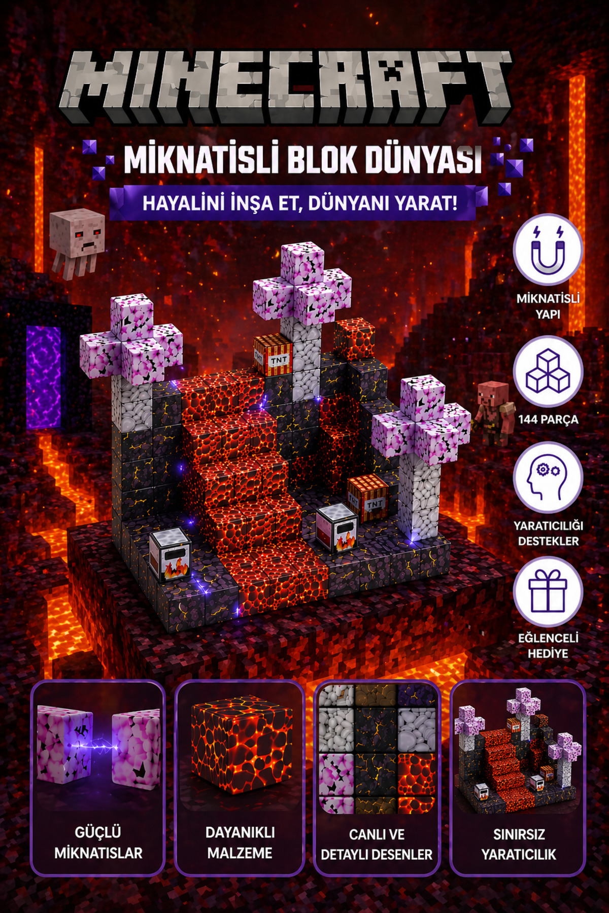 YILDIRIM OYUNCAK Manyetik 144 Parça Mıknatıslı Minecraft Temalı Blok ...