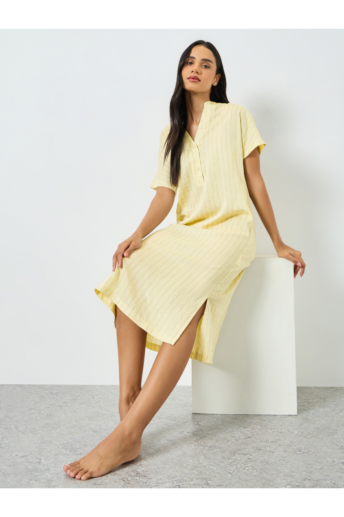 Styli Textured Double Striped Side Slit Viscose Blend Nightdress