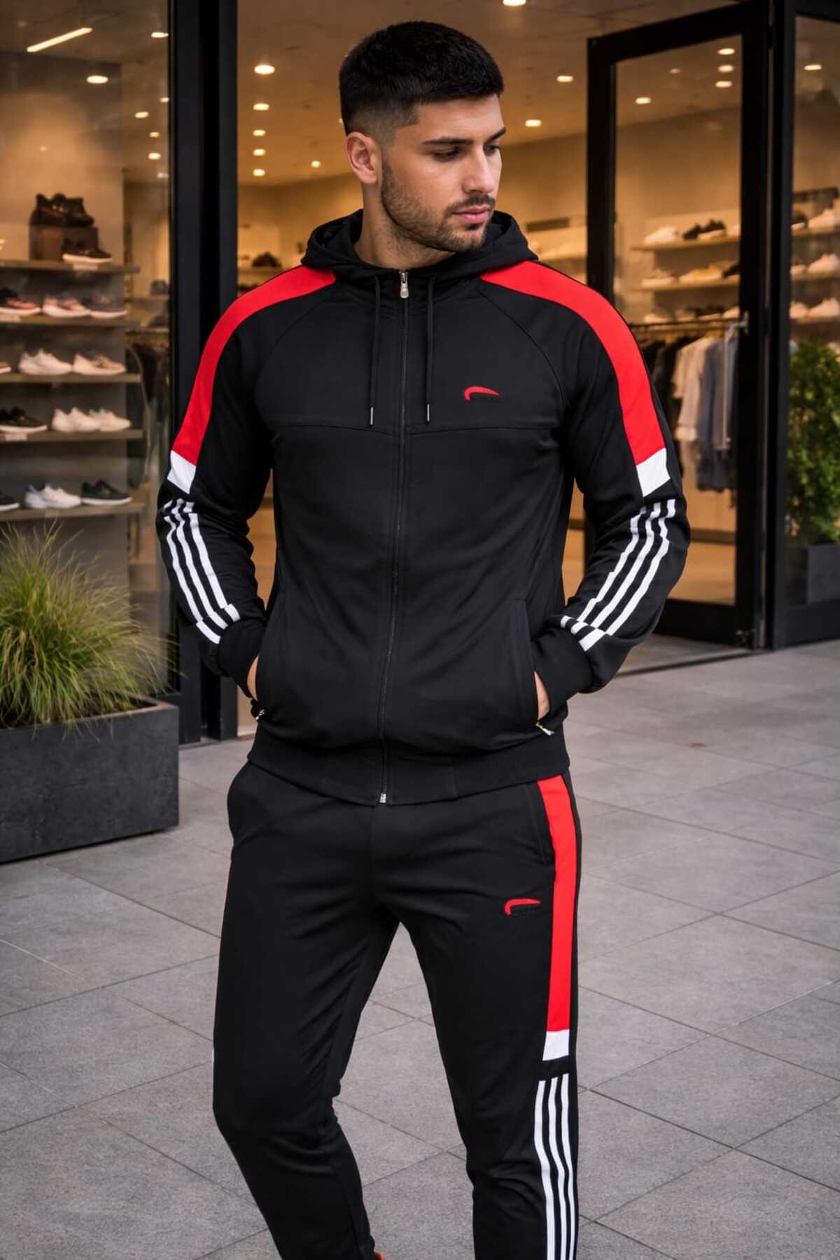 wera Erkek, Siyah-Kırmızı, Dalgıç Kumaş,Şerit Detaylı, Kapüşonlu Slim Fit Eşofman Takımı görsel 2