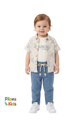 Pilons Kids Erkek Çocuk Müslin Takım - Desenli Kısa Kollu Gömlek, Basic Tişör...
