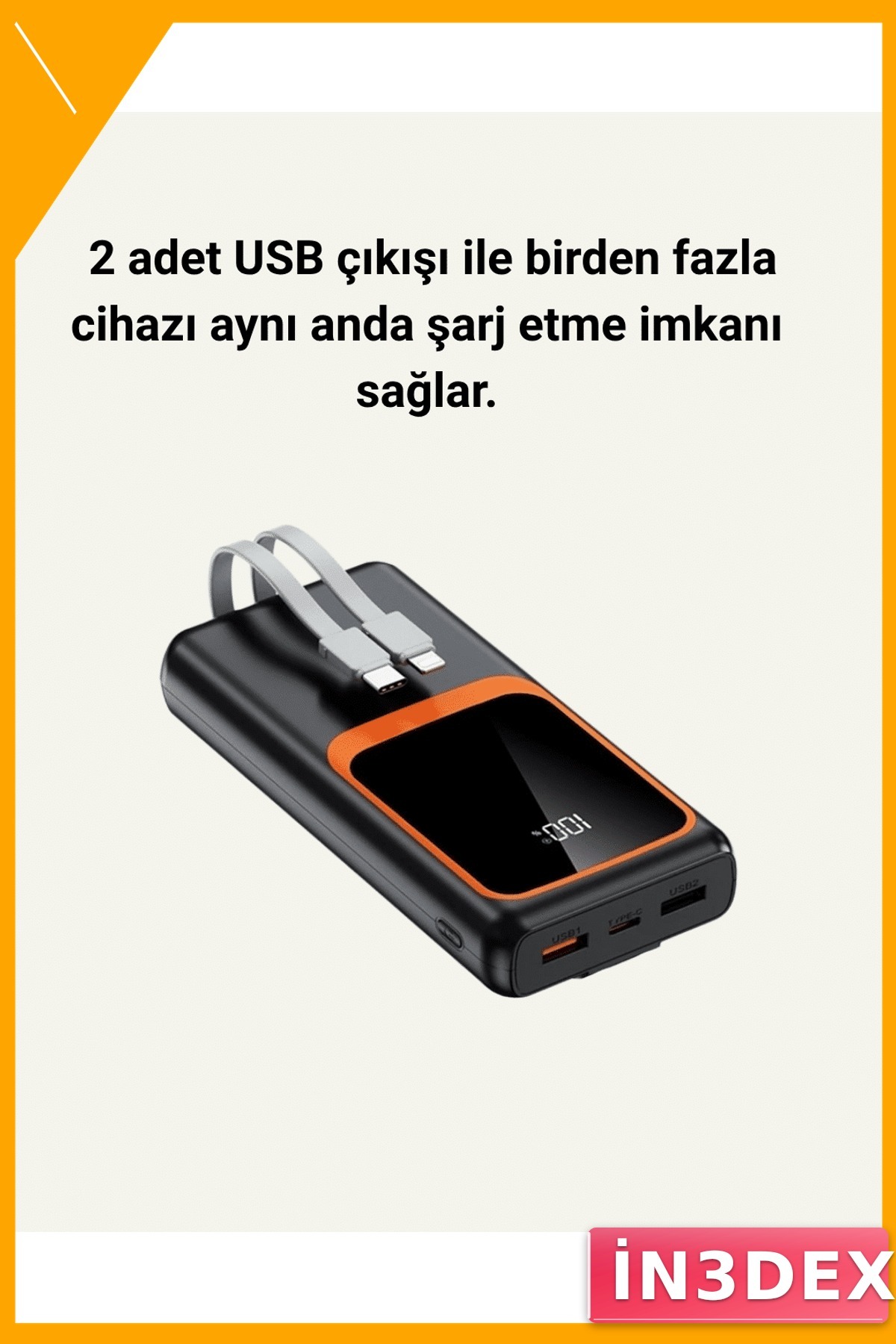 20.000 mAh Powerbank Dijital Göstergeli Hızlı Şarj Çok Kablolu
