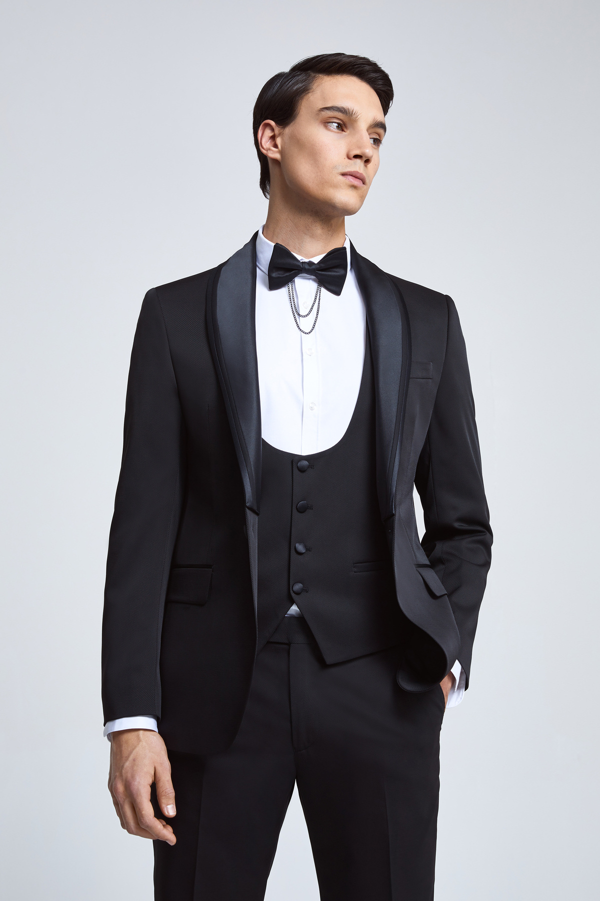 D'S Damat Ds Damat Slim Fit Black Dobby Tuxedo Suit with Vest