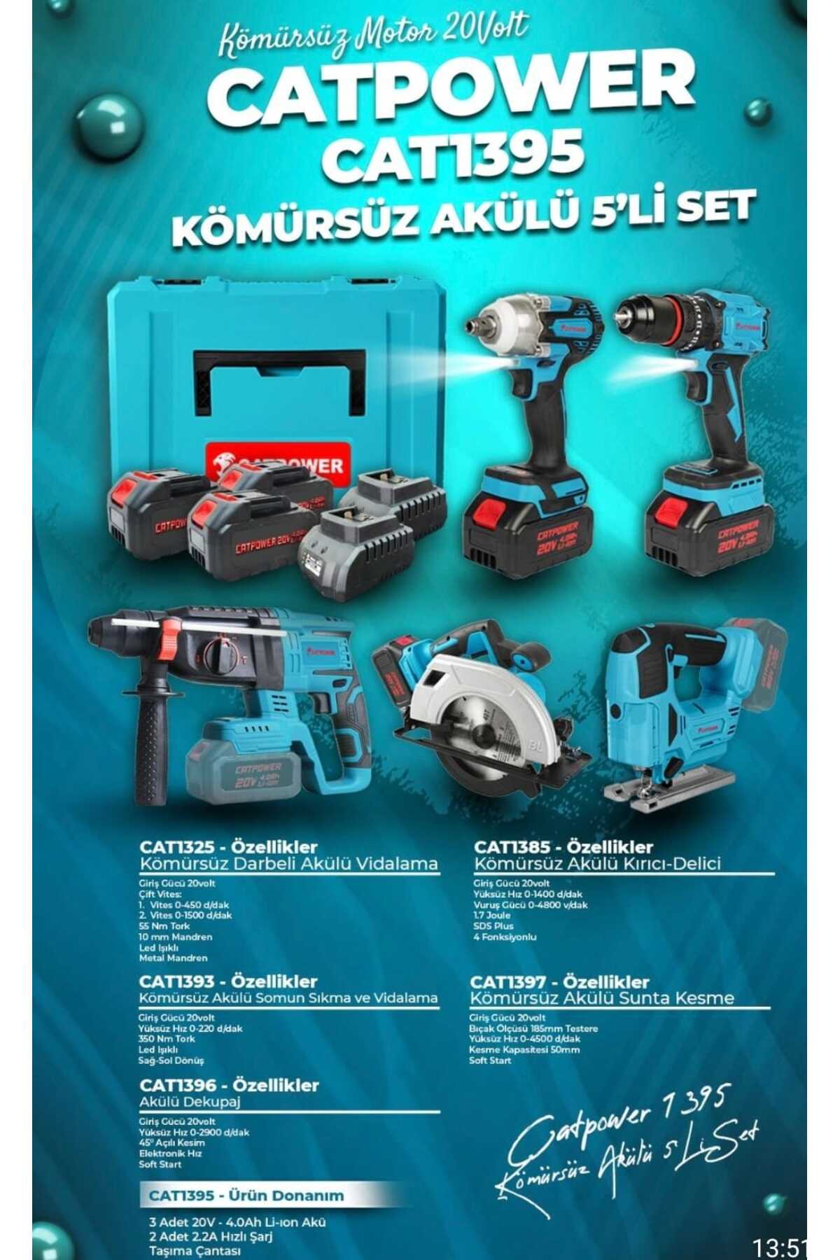öznet CATPOWER 1395 Akülü 5'li Alet Seti (Kömürsüz Motor) 3 Adet 4