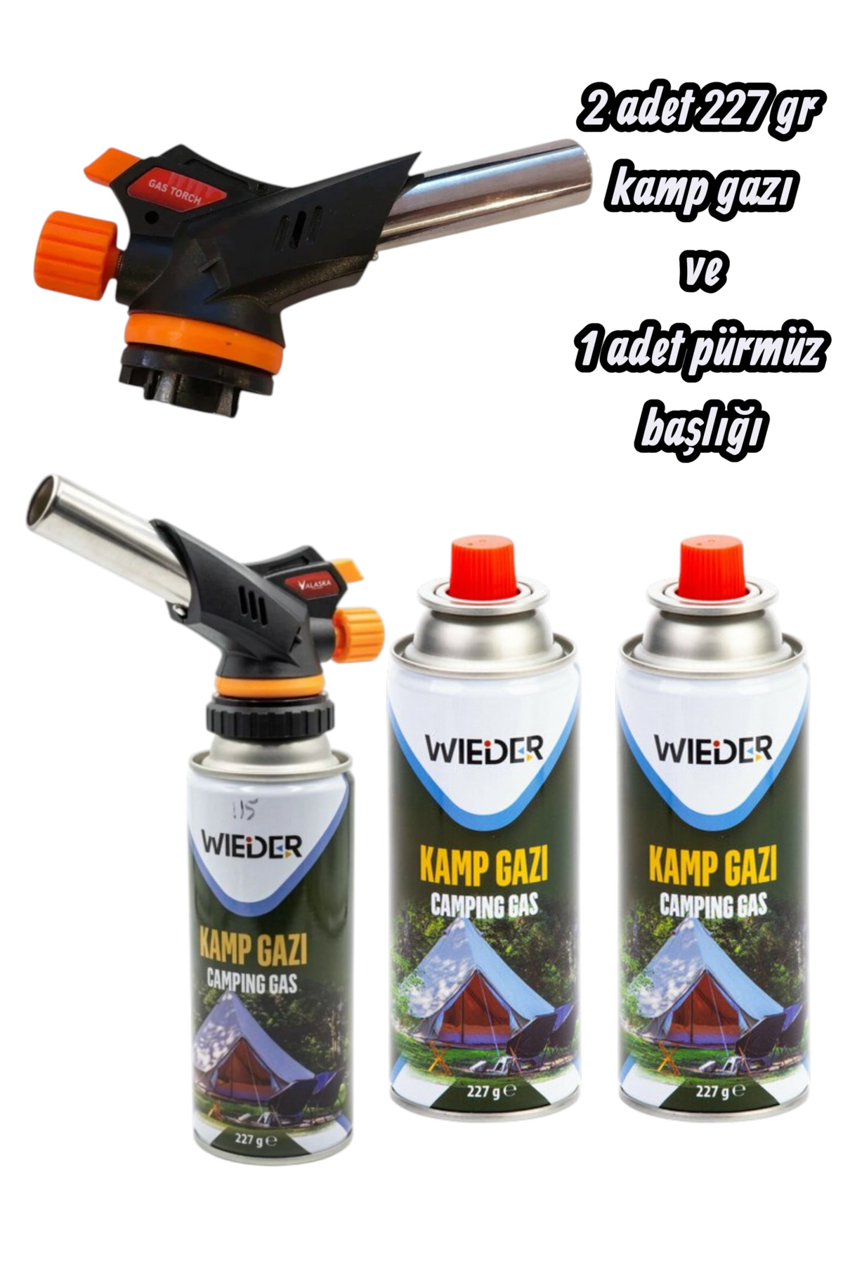 SEYFİKİRTASİYE 2 adet 227 gr kamp gazı ve 1 adet pürmüz başlığı