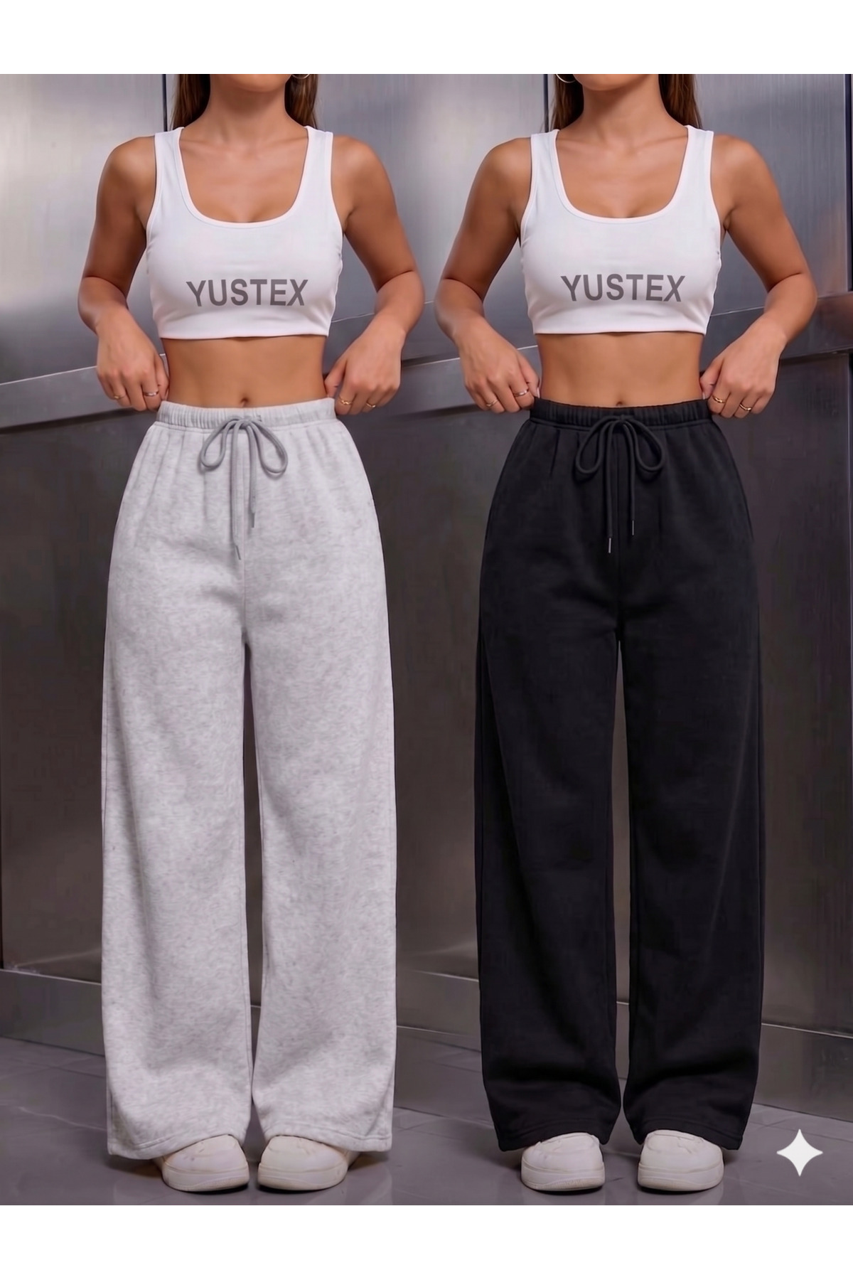 LAUSRA 2-Piece Women's Sweatpants Black&Gray Baggy Wide Leg Lace-Up Waistband...