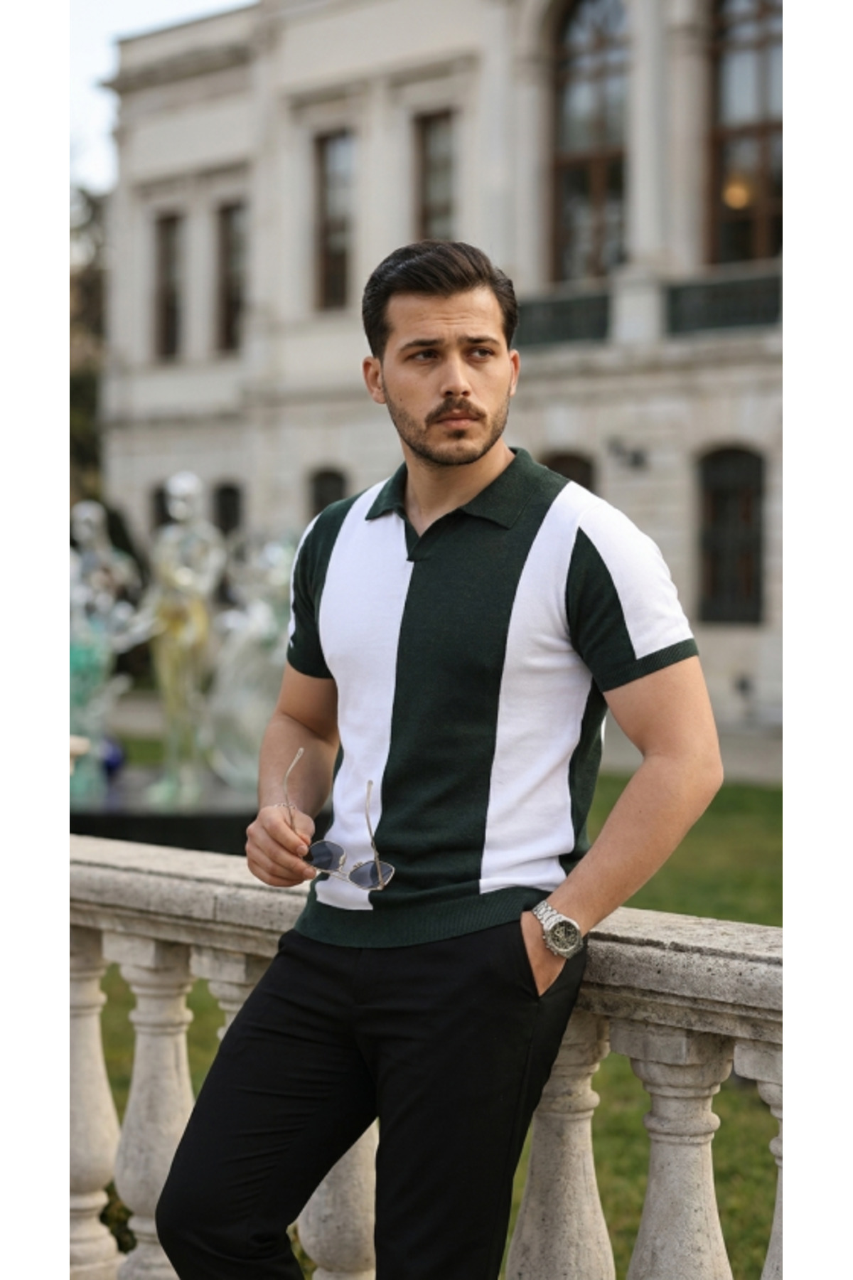 Erkek Kısa Kollu Polo Yakalı Blok Desenli Triko Bluz