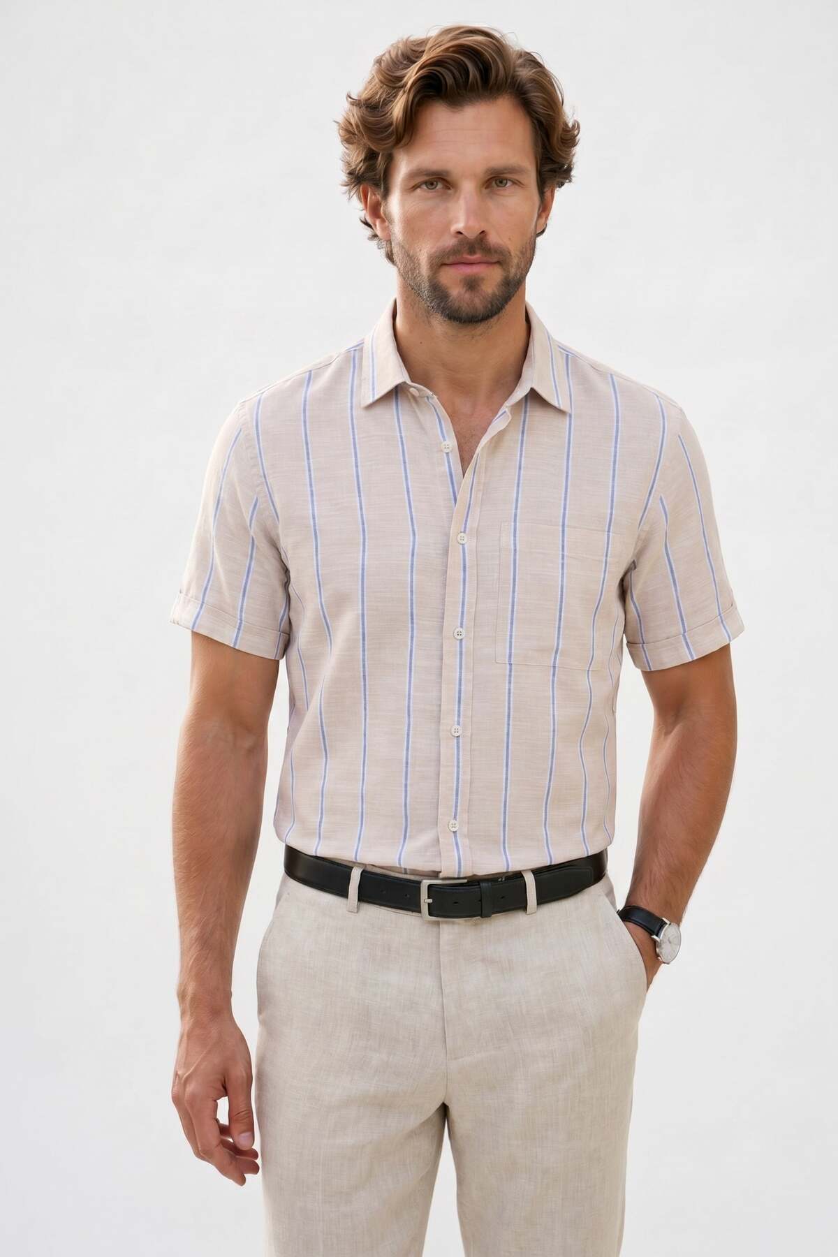 Men's Regular Fit Classic Cut Oversize 100% Cotton Linen Texture Single Pocket Striped Short Sleeve Beige Shirt