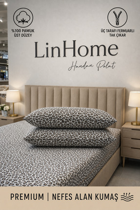 lin home handan polat Leopar 2'li Yastık Kılıfı+3 Tarafı Fermuarlı Yatak Kılı...
