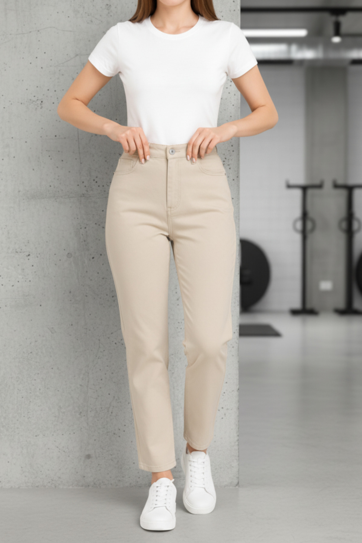 WODDİ Kadın Jeans Krem Mom Jean Yüksek Bel Denim Kot Pantolon görsel 3