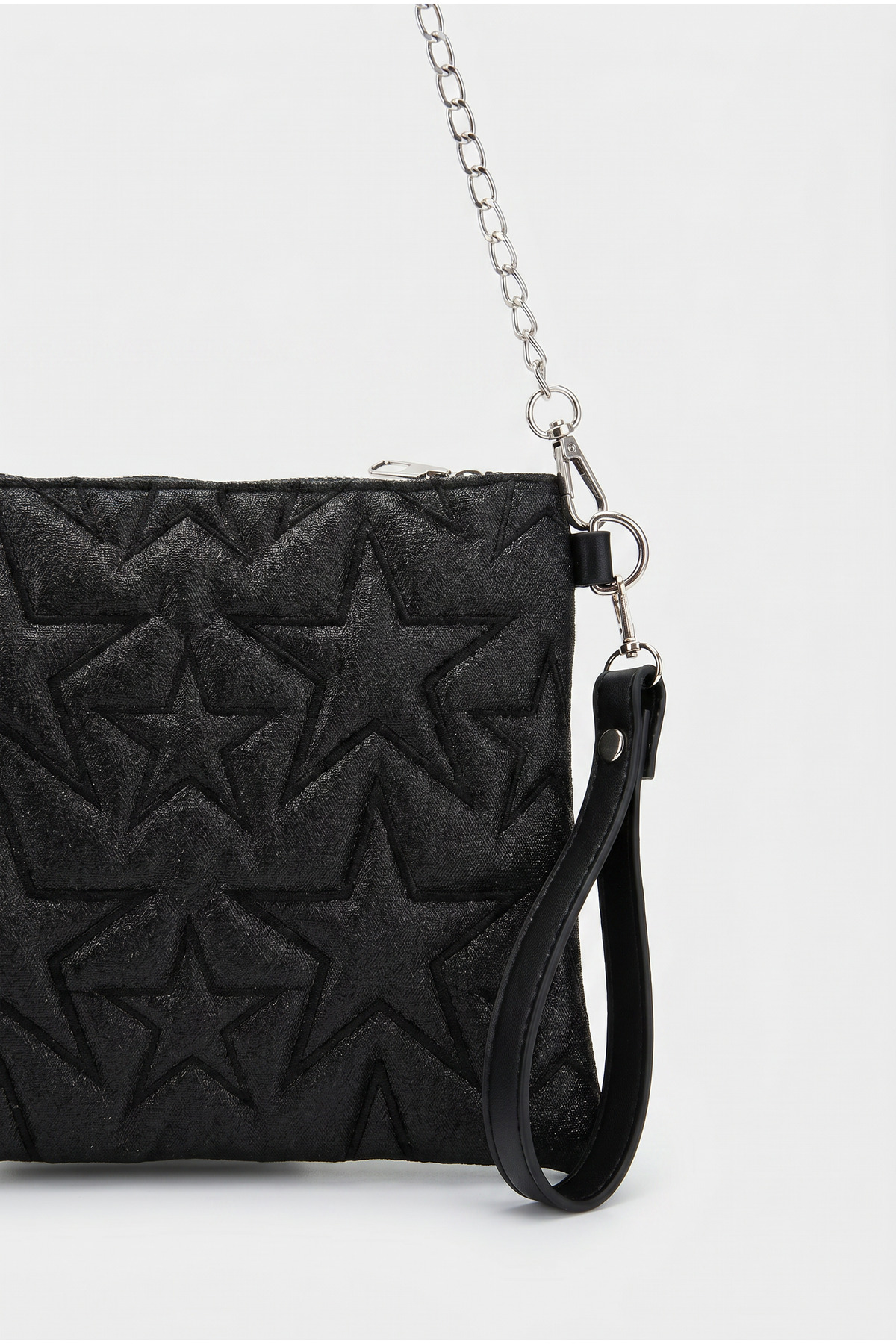 Belinabag Yıldız Dikişli Clutch Star Kadın Çanta Simli Siyah Zincirli En27 Boy19 görsel 4