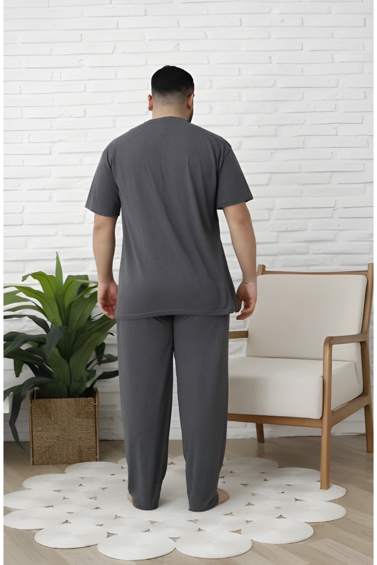 Sude HOMEWEAR Erkek Kısa Kol Yarım Pat Düğmeli Büyük Beden Pijama Takımı görsel 3