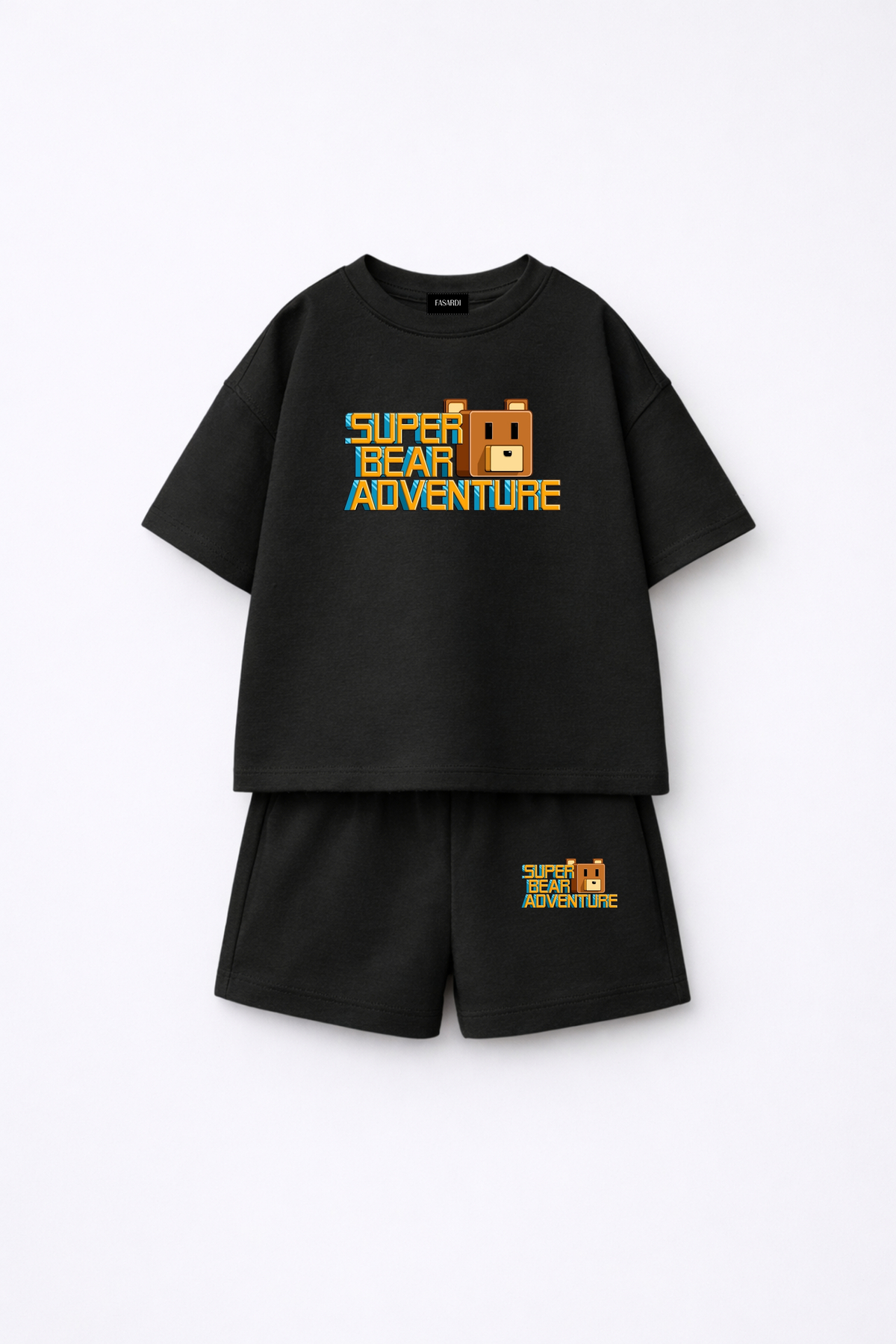 Super Bear Adventure Super Bear Printed Oversize 100% Cotton T-Shirt Shorts 2pcs Kids Set