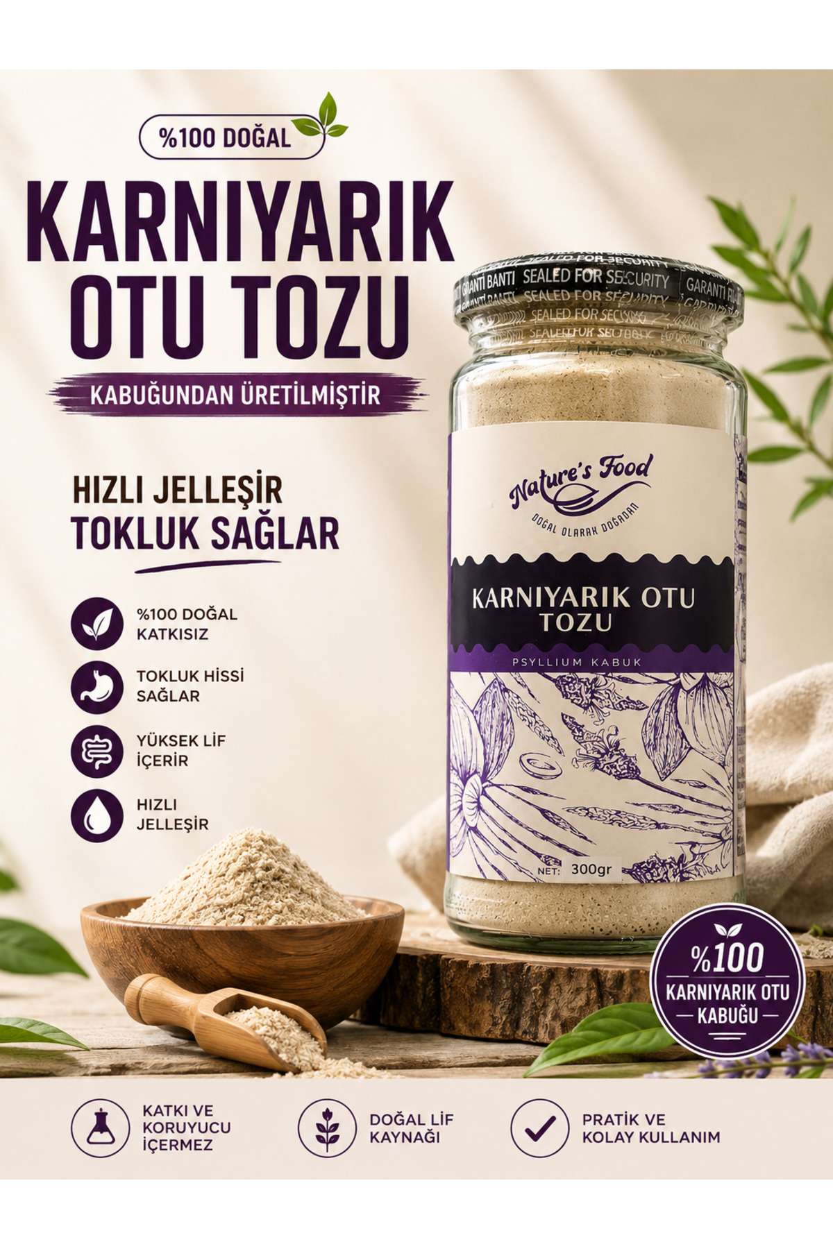 NATURES FOOD Karnıyarık Otu Tozu 300 Gr %100 Psyllium Kabuk Yüksek Lif Hızlı Jelleşen Tokluk Destekleyici - Fiyatı, Yorumları