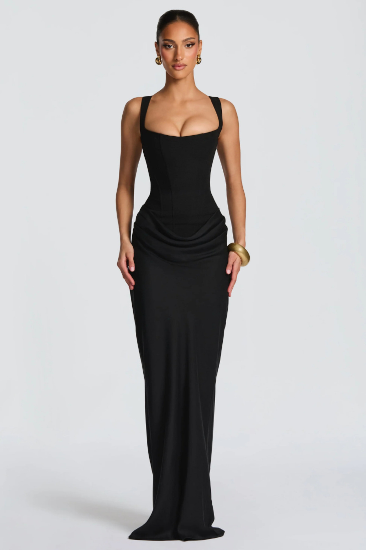 Women's Square Neck Back Tie Draped Maxi Evening Dress