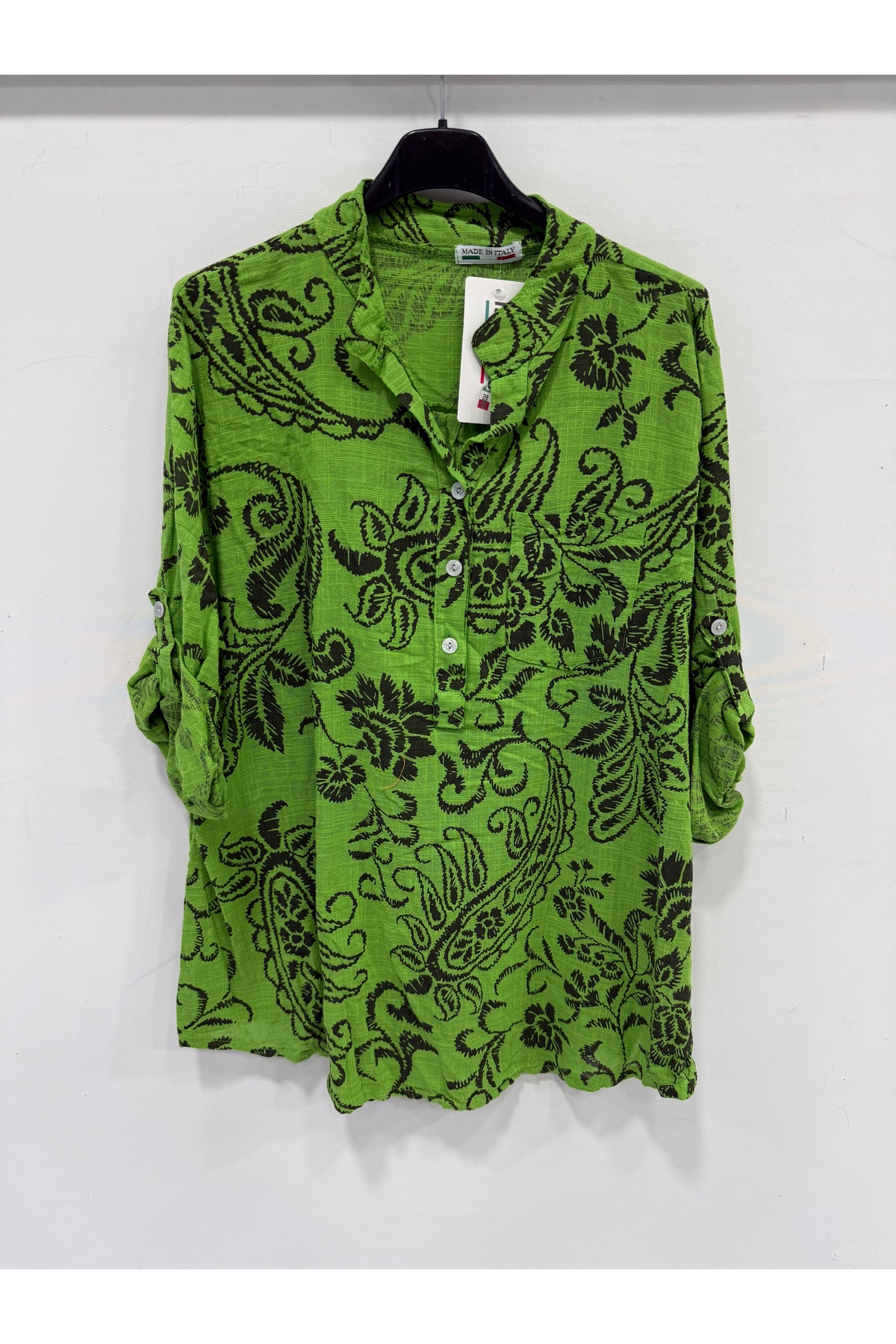 Women's Green Italian Ethnic Shawl Pattern Dominant Collar Folding Poor Sleeve Blouse Size 40 - 44