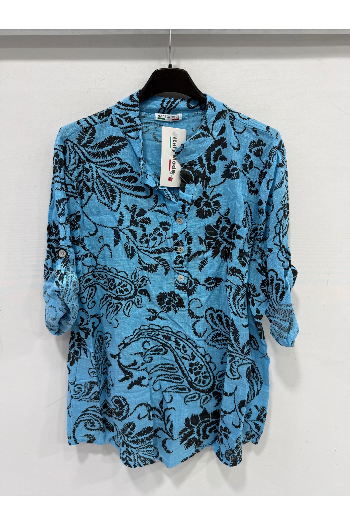 Women's Turquoise Italian Ethnic Shawl Pattern Judge Collar Folding Poor Sleeve Blouse Size 40 - 44