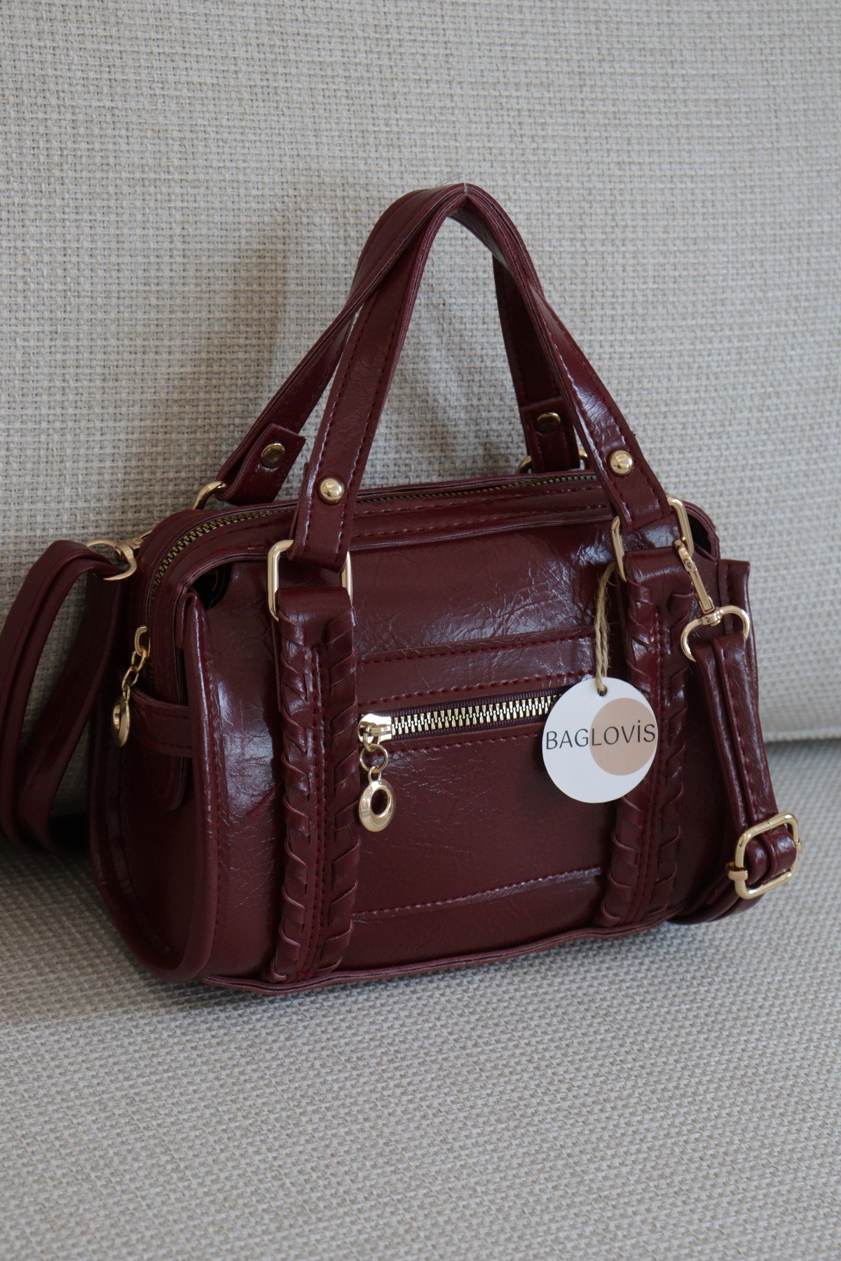 Women's Knit Detailed Shoulder Bag Zipper Front Zippered Stylish Casual Handbags Width20 Size15