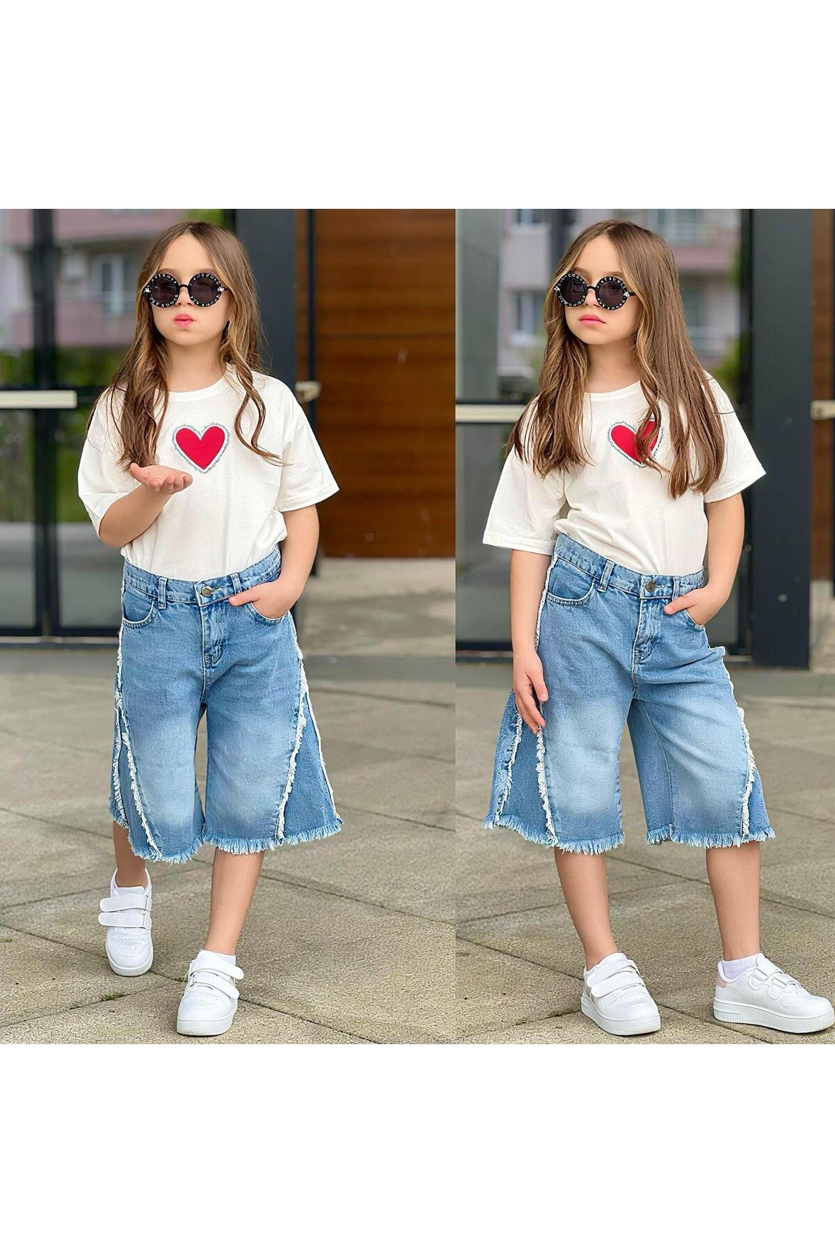 AY KİDS Girls Heart Printed Oversize T-Shirt & Wide Leg Jean Capri Combination Set 2689M
