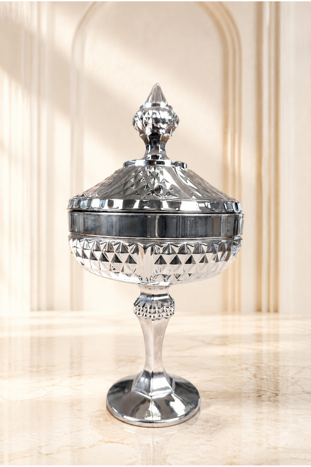 Royalis Series Glass Sugar Bowl with Silver Titanium Plated Lid & Presentation