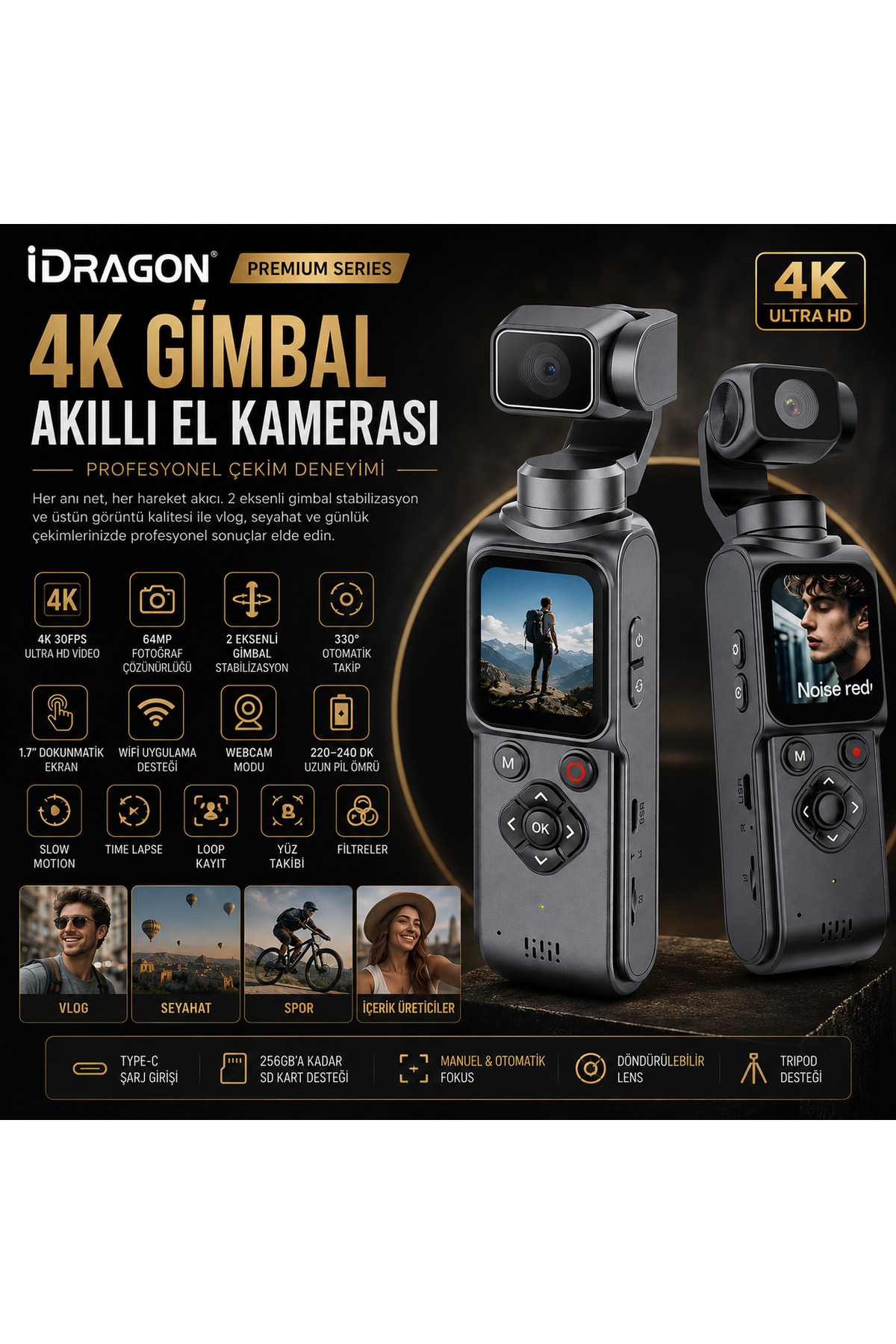 idragon AT-M105 4K Gimbal Kamera | Wi-Fi Bağlantılı Akıllı Takip Özellikli Vlog & Aksiyon Kamerası - Fiyatı, Yorumları