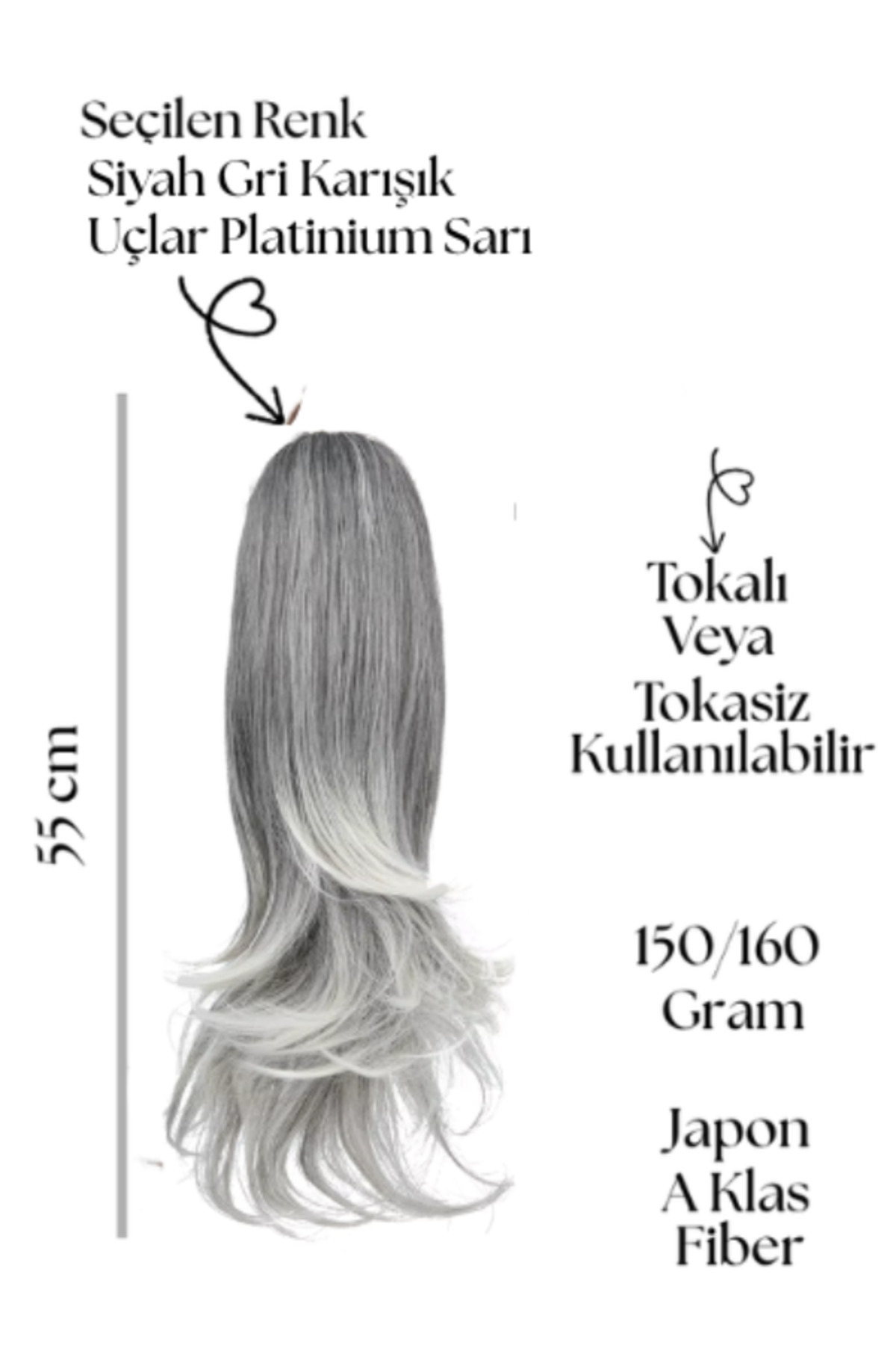 YARAT Siyah Gri Karışık Uçlar Platinium Sarı Dalgalı Tokalı Veya Tokasız At Kuyruğu Postiş 56 Cm 150/160 Gram görsel 2