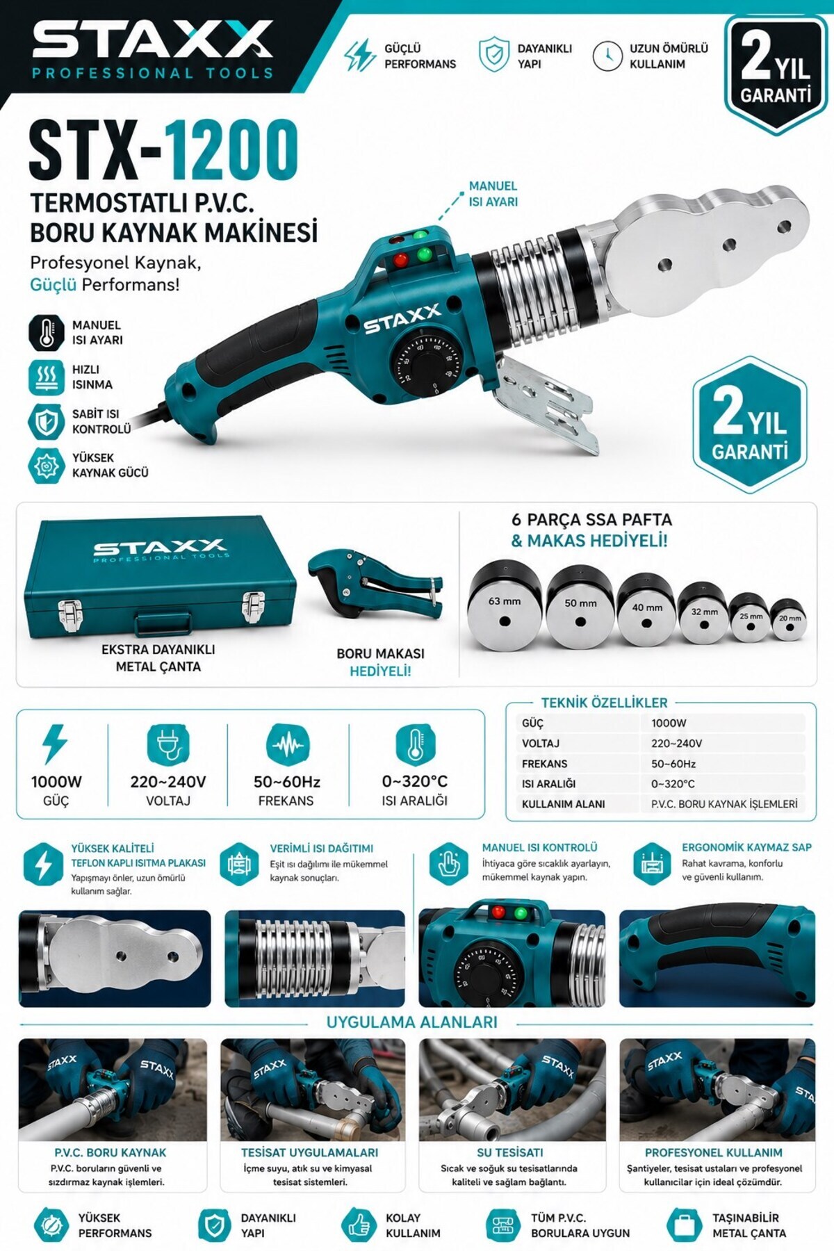 BidoluGaraj Usta Serisi PVC Boru Kaynak Makinesi 1000 W 20-63 mm Tam Set Profesyonel Boru Kaynak Makinesi Ayarlı