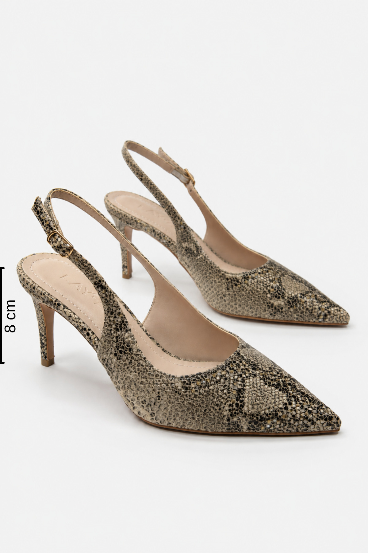Women's Beige Snake Pattern Pointed Toe Thin Heels Open Back Stiletto Shoes