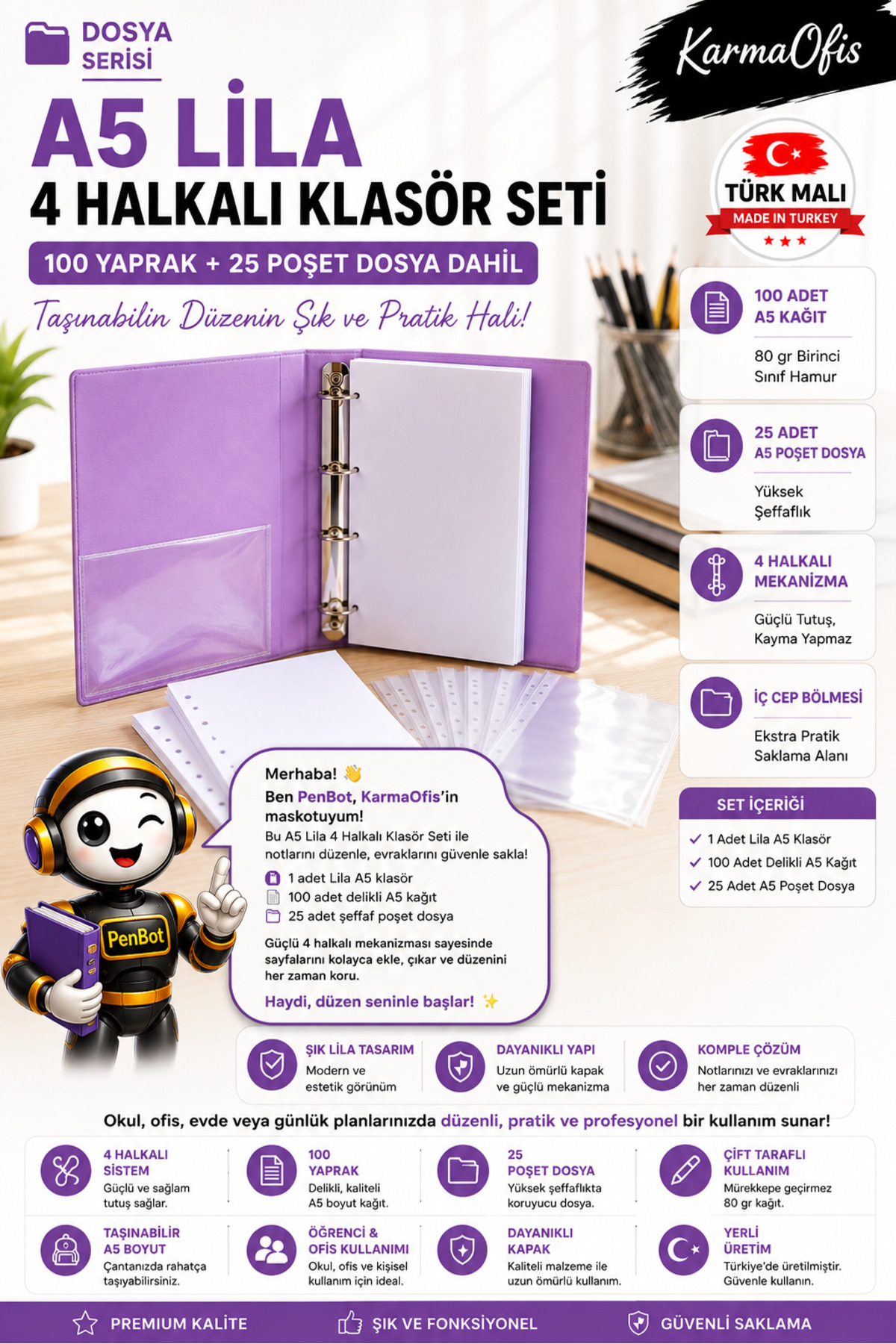 KarmaOfis A5 Lila 4 Halkalı Klasör Seti 100 Yaprak 80 gr Kağıt +