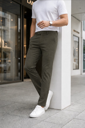 Ser Joven Erkek Koyu Yeşil Slim Fit Likralı Yan Cep Bilek Boy Düz Kumaş Pantolon