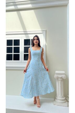 Moda Banuş Mavi Çiçekli A Kesim Bağcıklı Midi Elbise-DAR KALIP