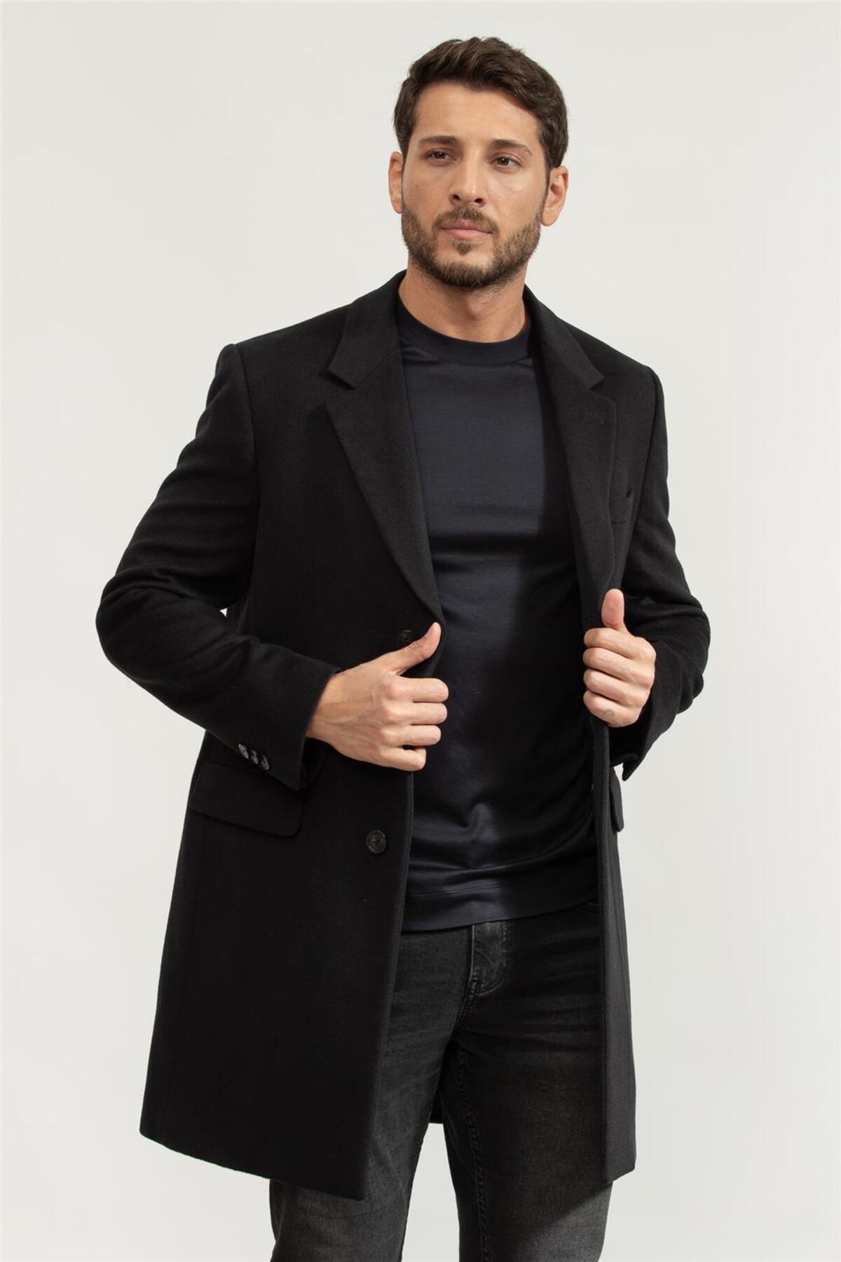 Emporio Armani Erkek Normal Kalıp Astarlı Düğme Kapamalı Lüks Kunduz Derisi İçerikli Yumuşak Kaşmir Lacivert Palto görsel 2